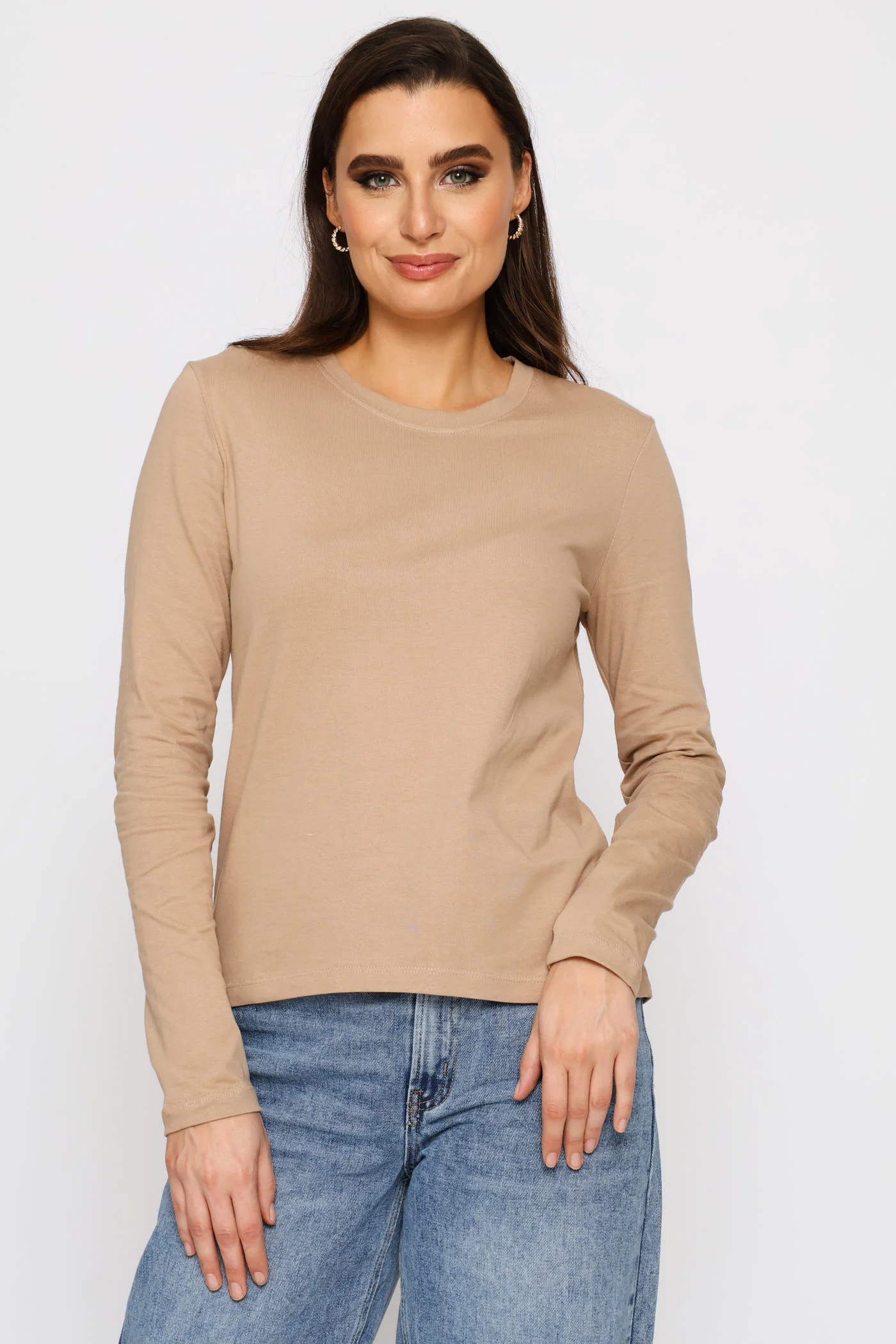 Long Sleeve Cotton Crew Tee - Dark Beige - Image 2