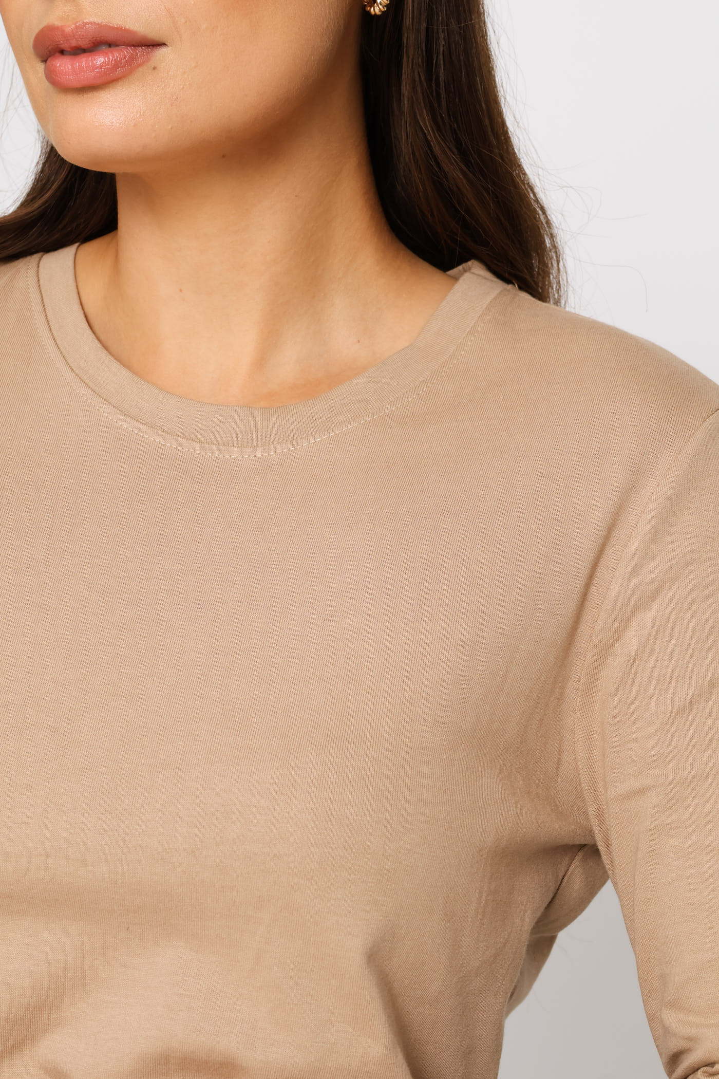 Long Sleeve Cotton Crew Tee - Dark Beige - Image 3
