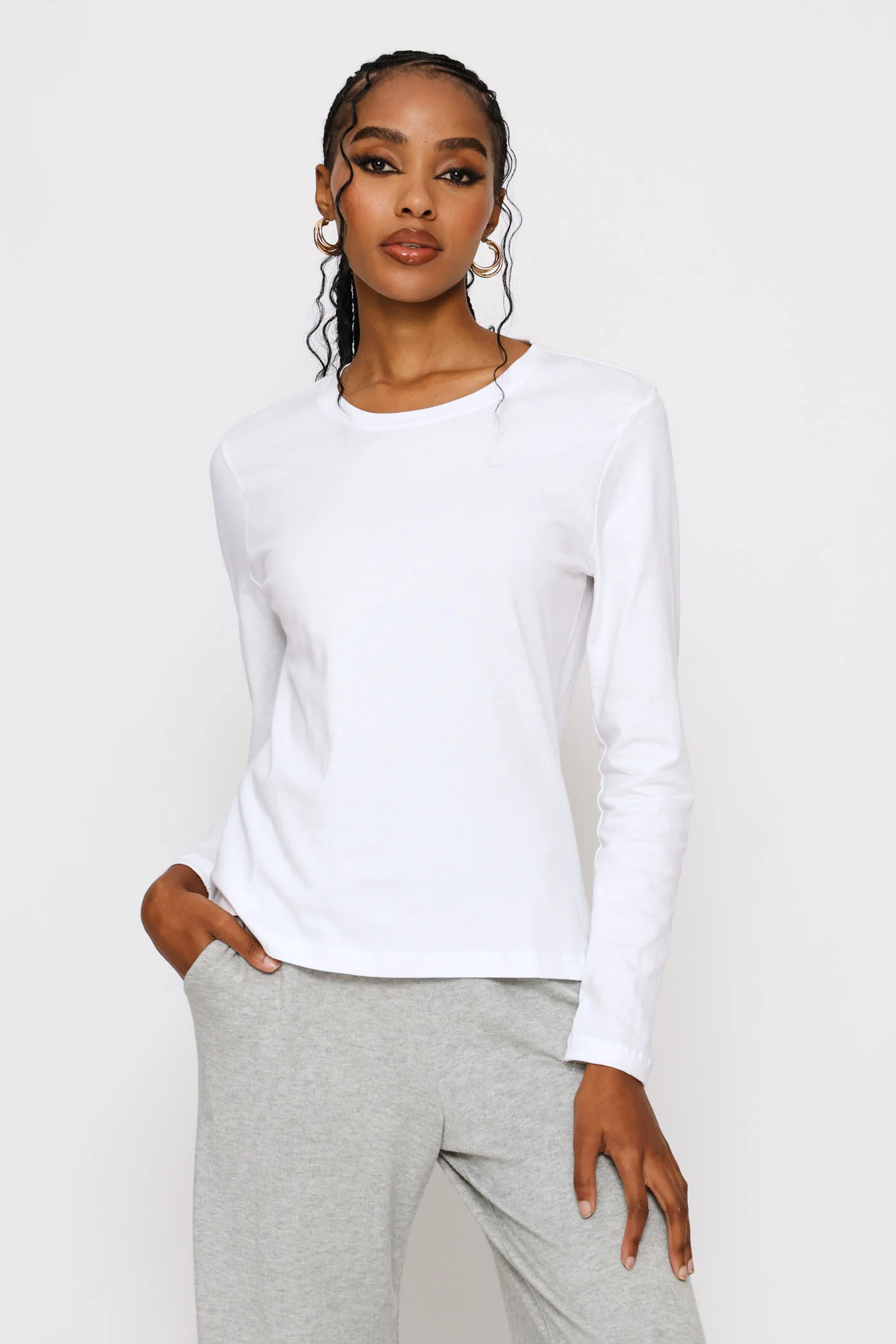 Long Sleeve Cotton Crew Tee - White