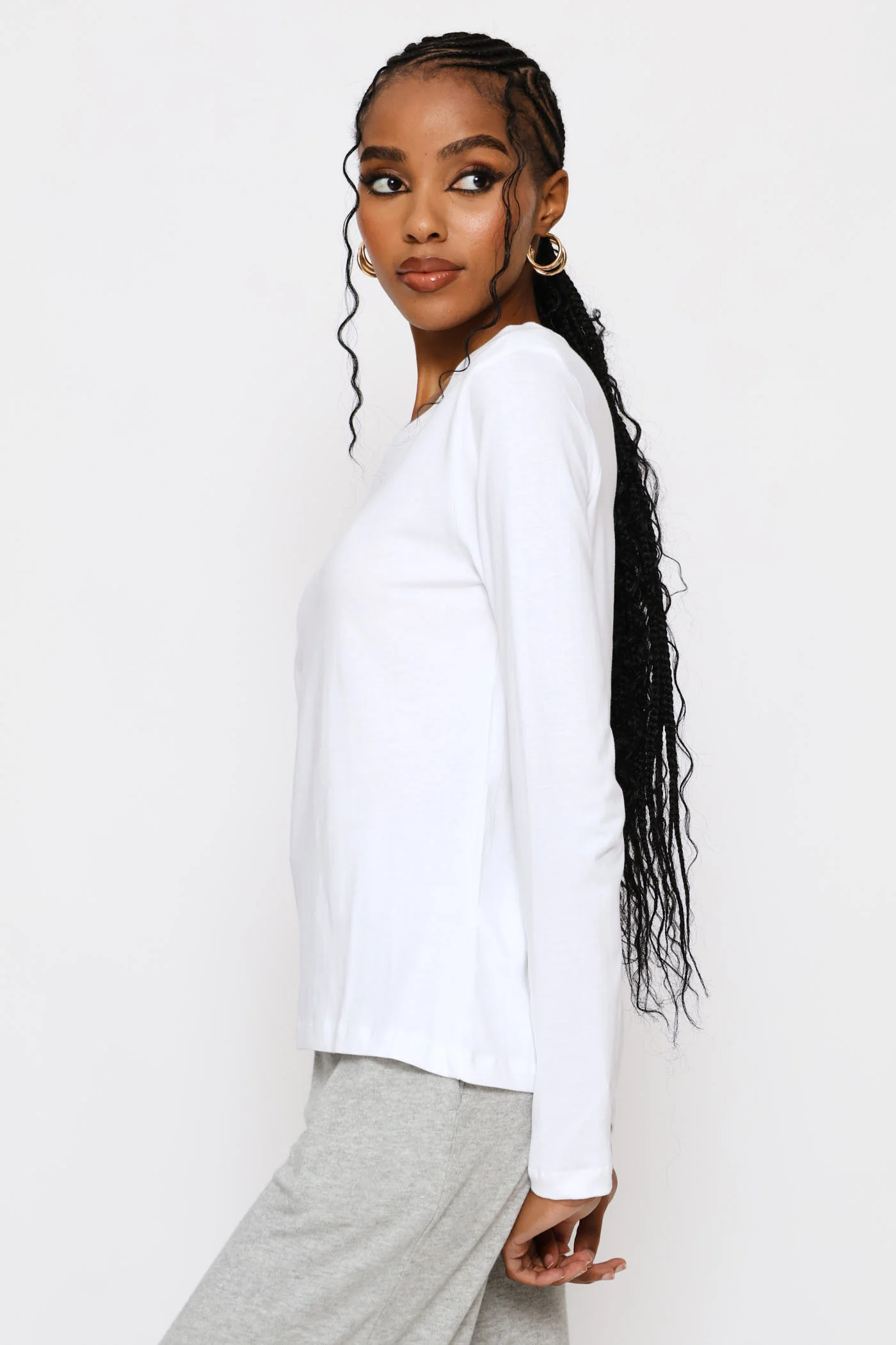 Long Sleeve Cotton Crew Tee - White - Image 3