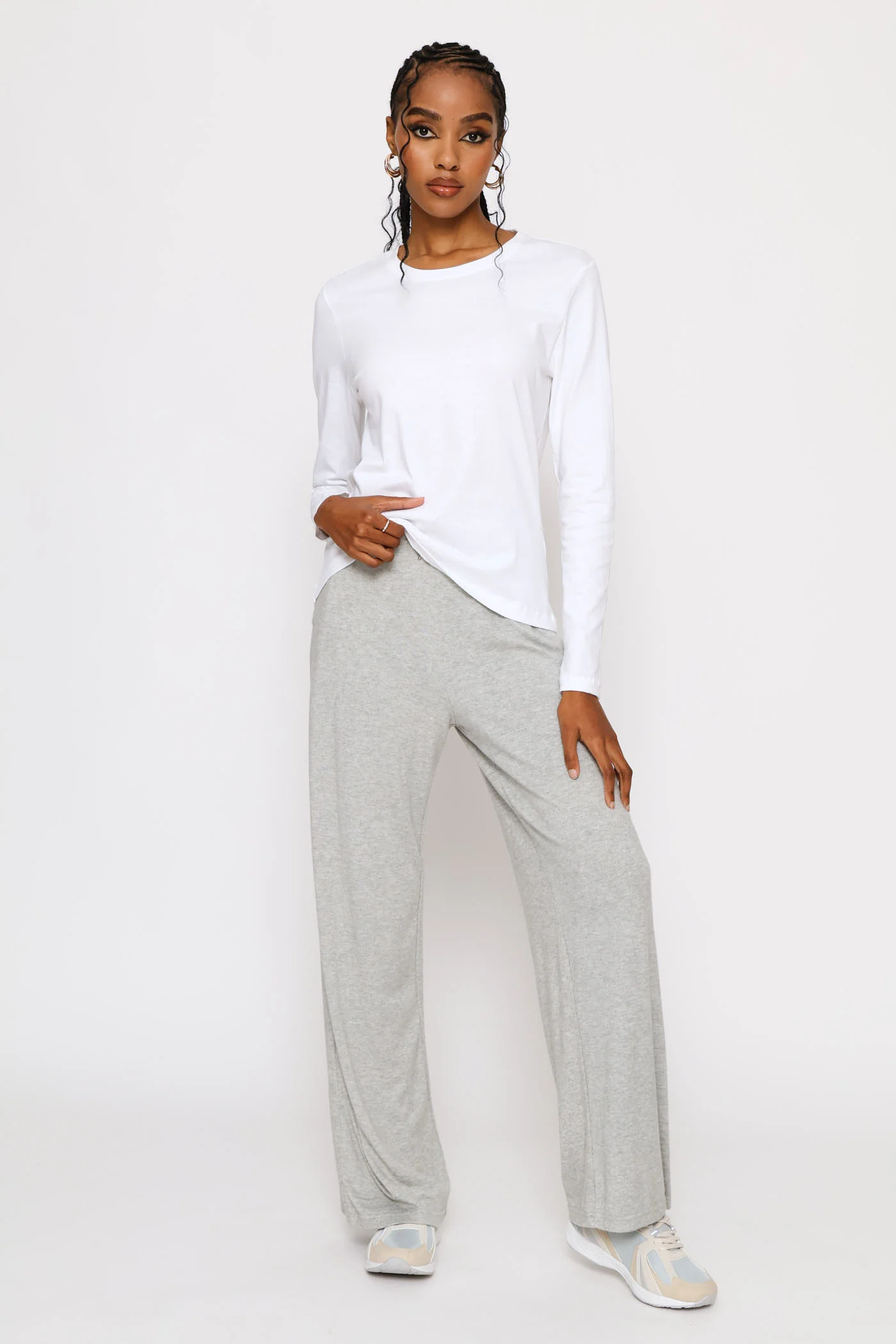 Long Sleeve Cotton Crew Tee - White - Image 5