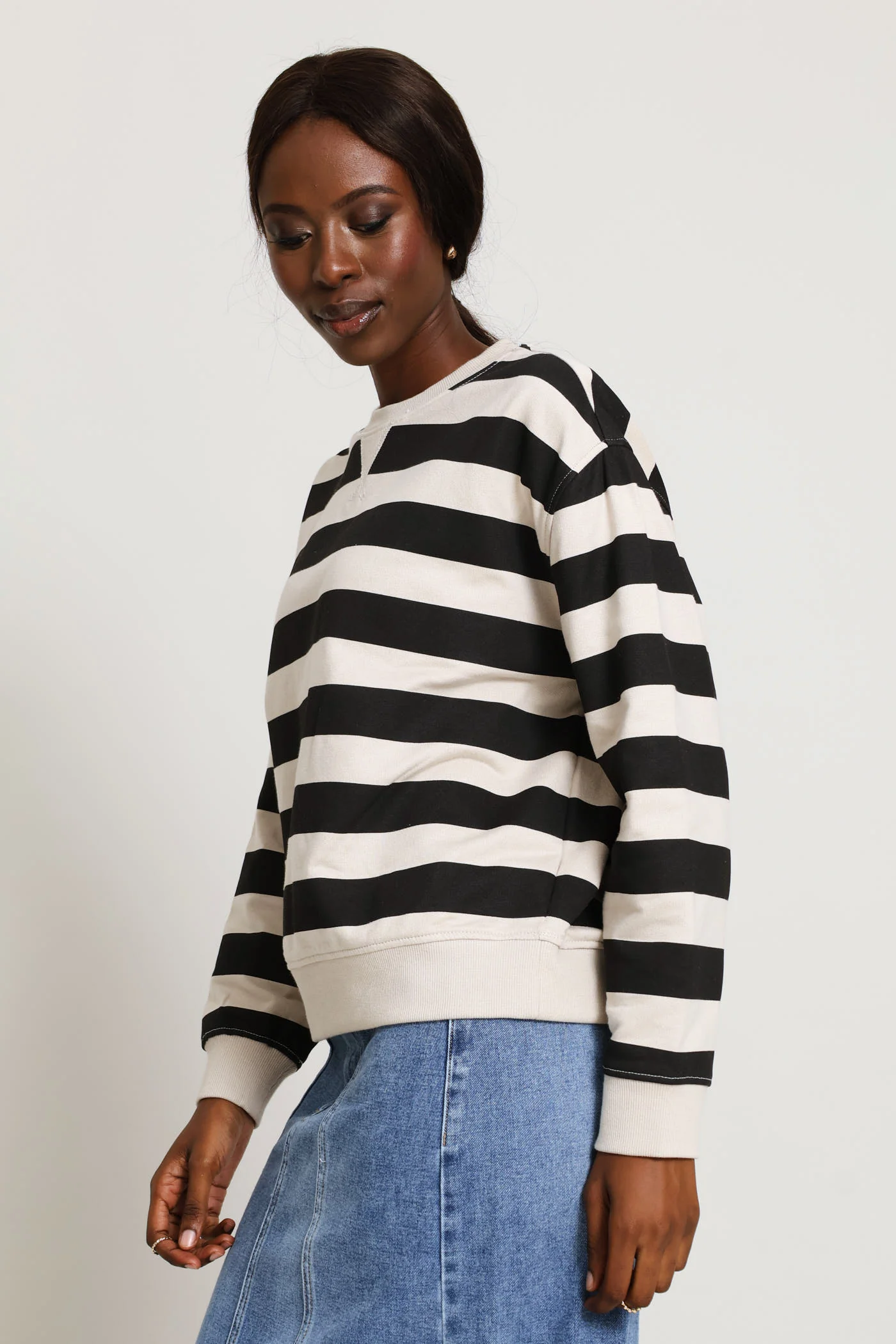 Long Sleeve Cotton Stripe Pullover - Black/Cement - Image 3