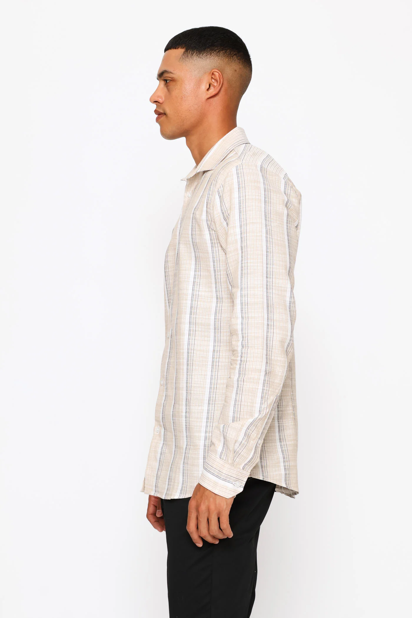 Long Sleeve Multi Stripe Textured Shirt - Stone - Image 3