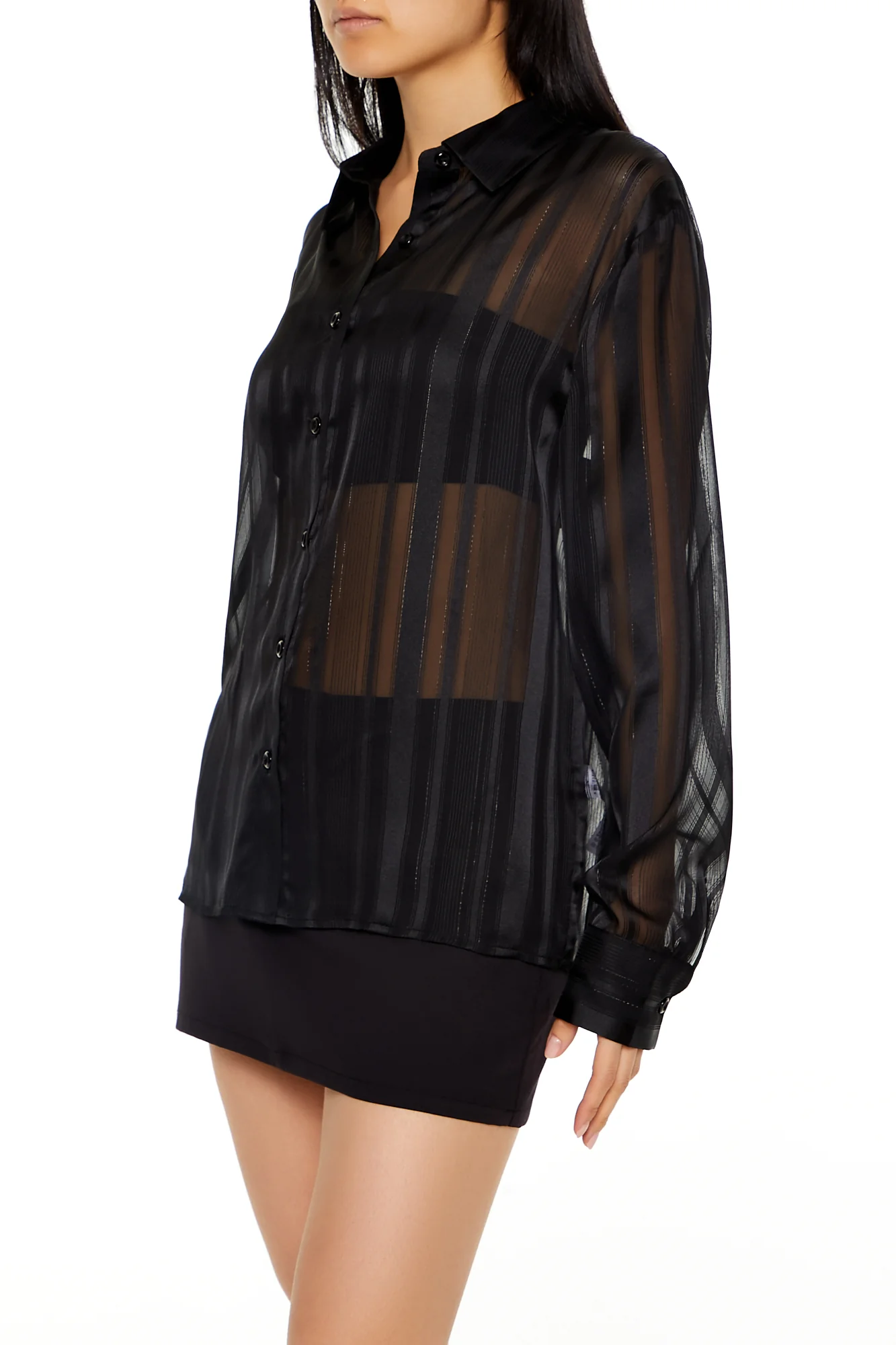 Long Sleeve Oversized Woven Button Down Top - Black - Image 3