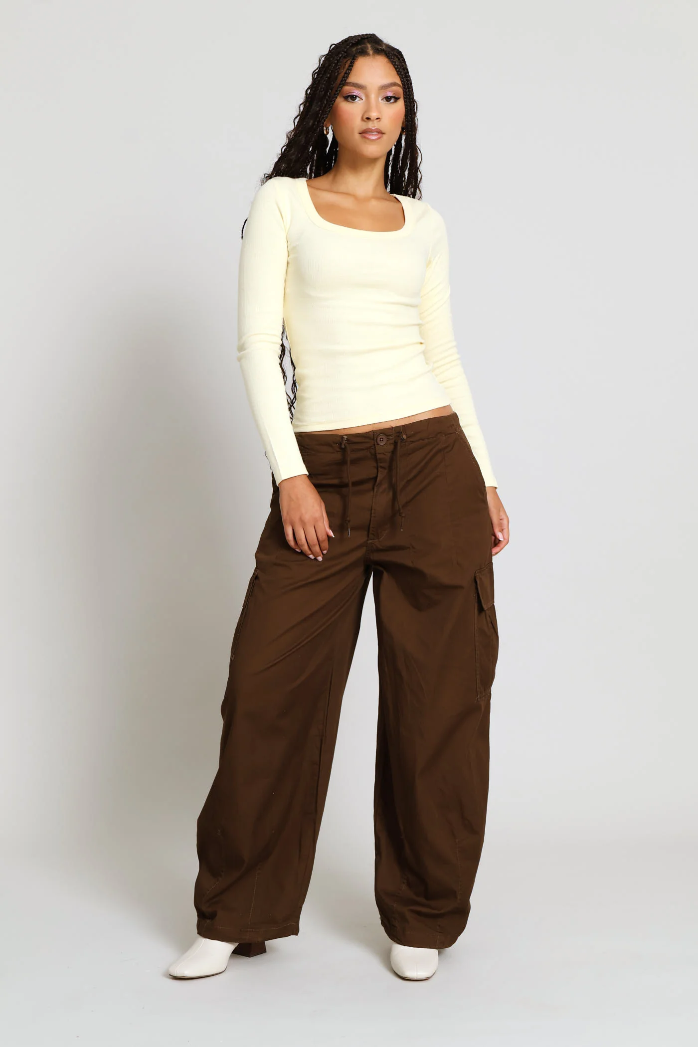 Long Sleeve Rib Square Neck Basic Tee - Yellow - Image 5