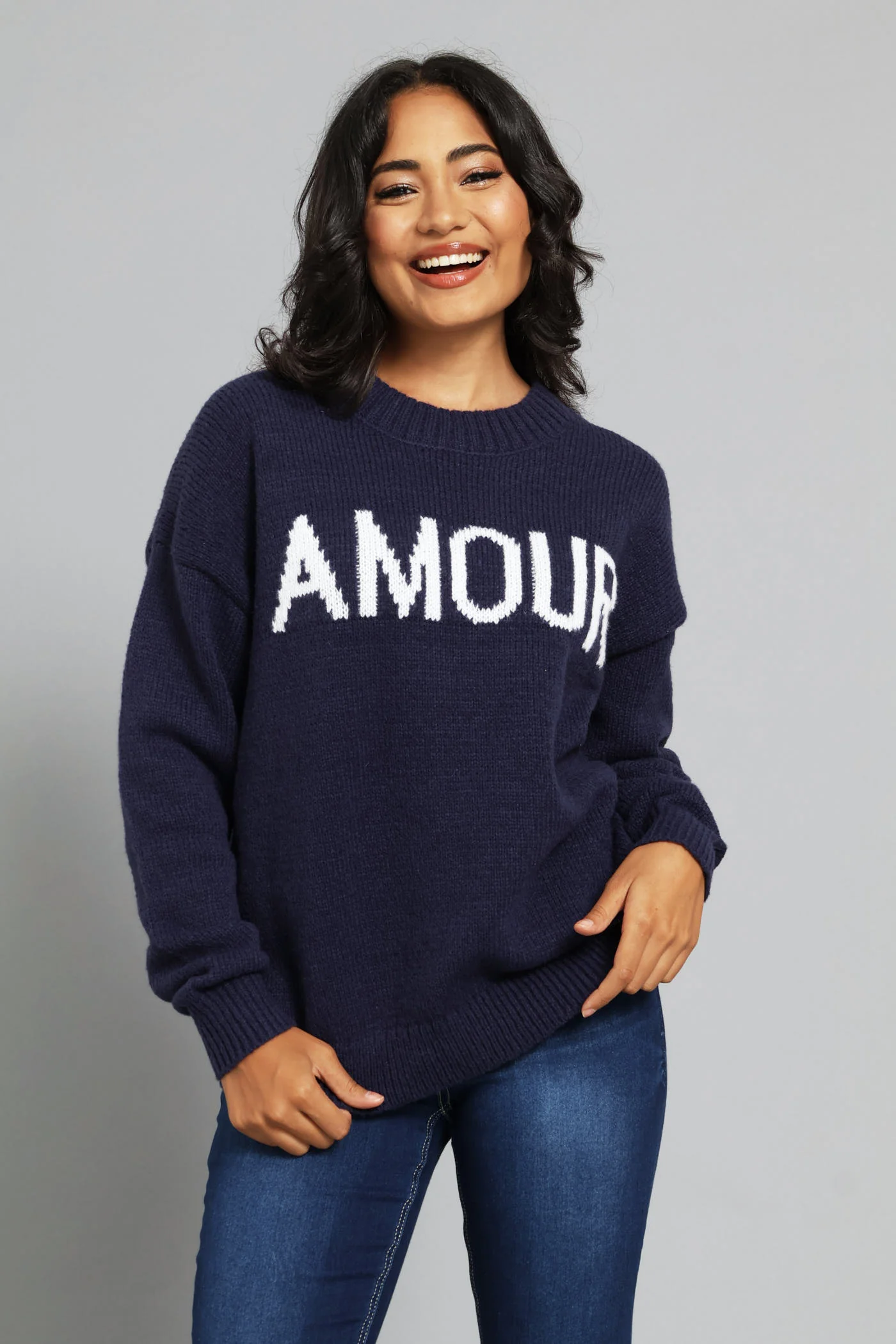 Long Sleeve Slogan Sweater - French Navy