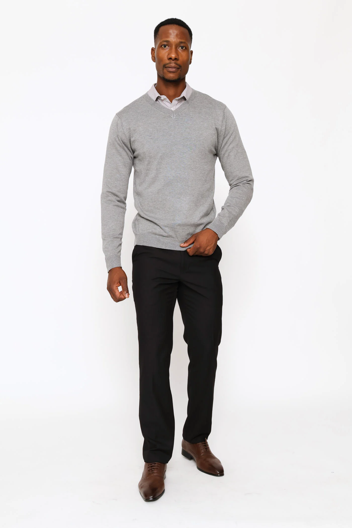 Long Sleeve V-Neck Pullover - Grey - Image 5