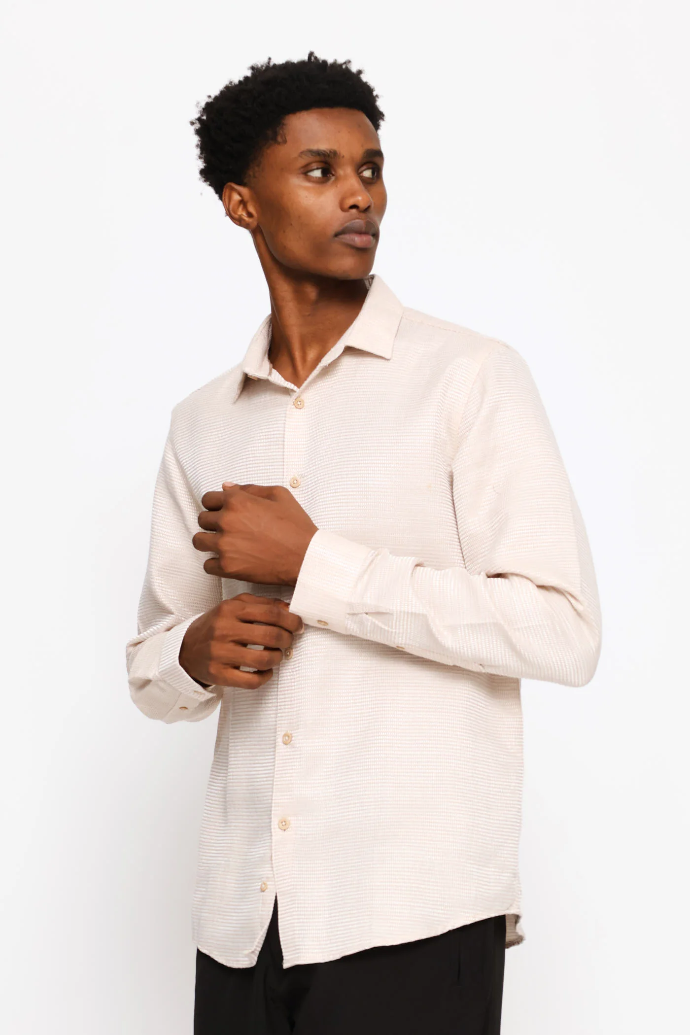 Long Sleeve Waffle Textured Shirt - Stone - Image 4