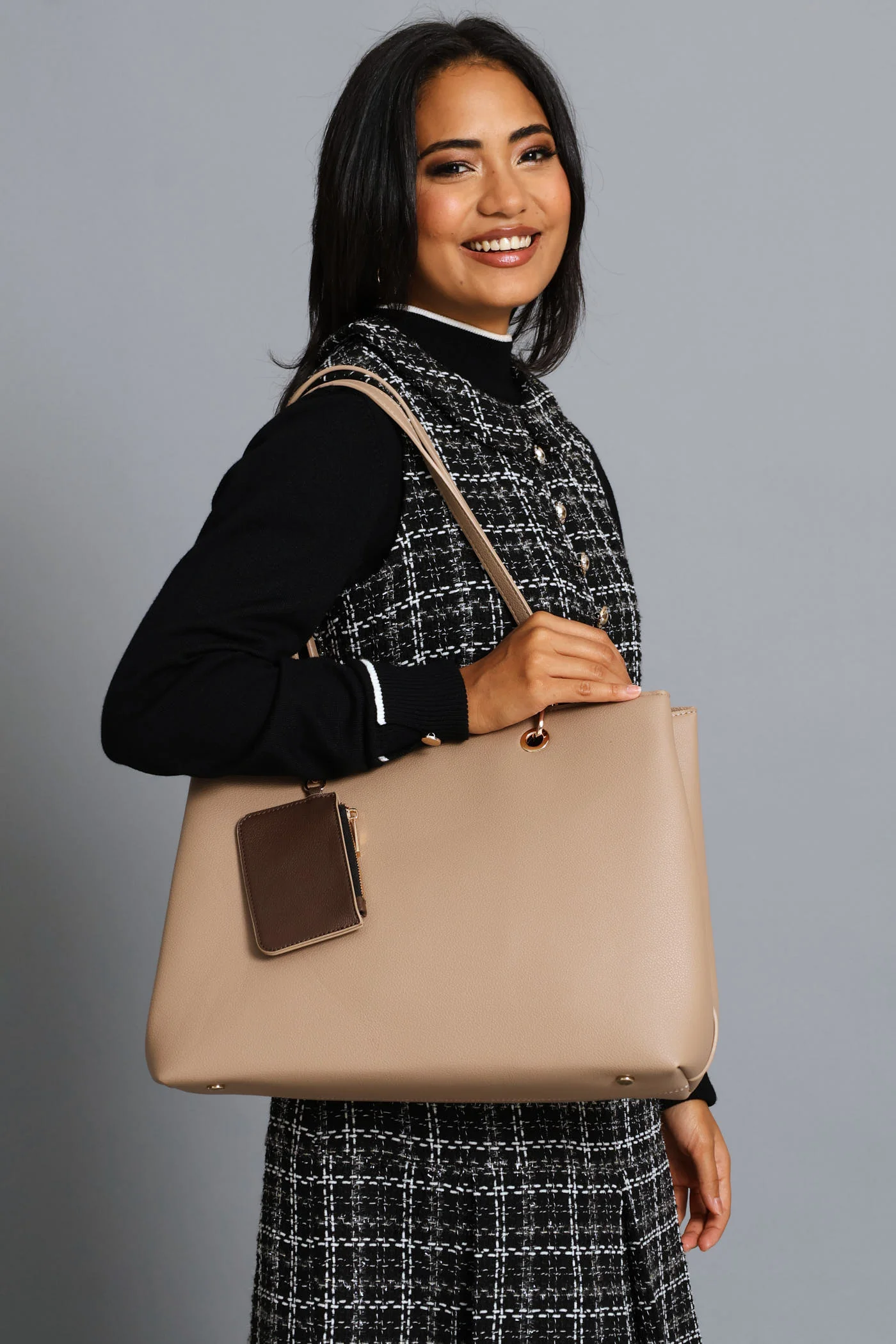 Large Tote With Detachable Purse - Taupe - Image 3