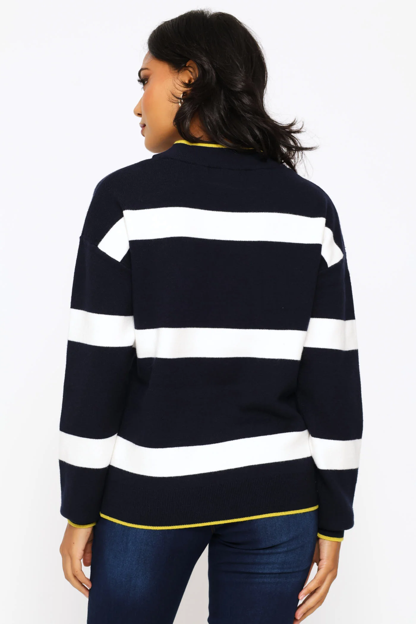 Luxe Academia Stripe Turtleneck Pullover - Navy/White - Image 4
