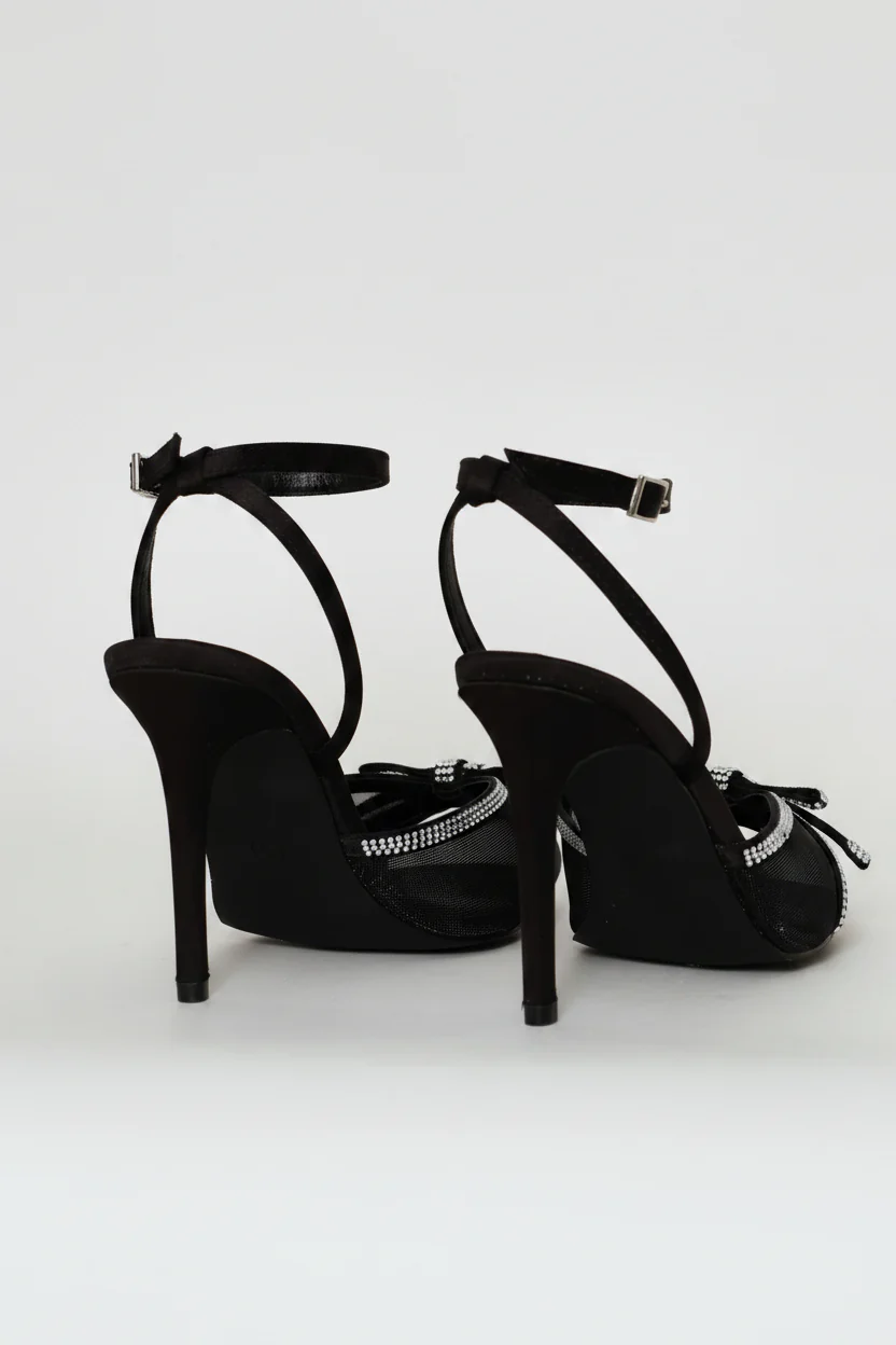 Mesh & Diamante Ankle Strap Mule Heel - Black - Image 5