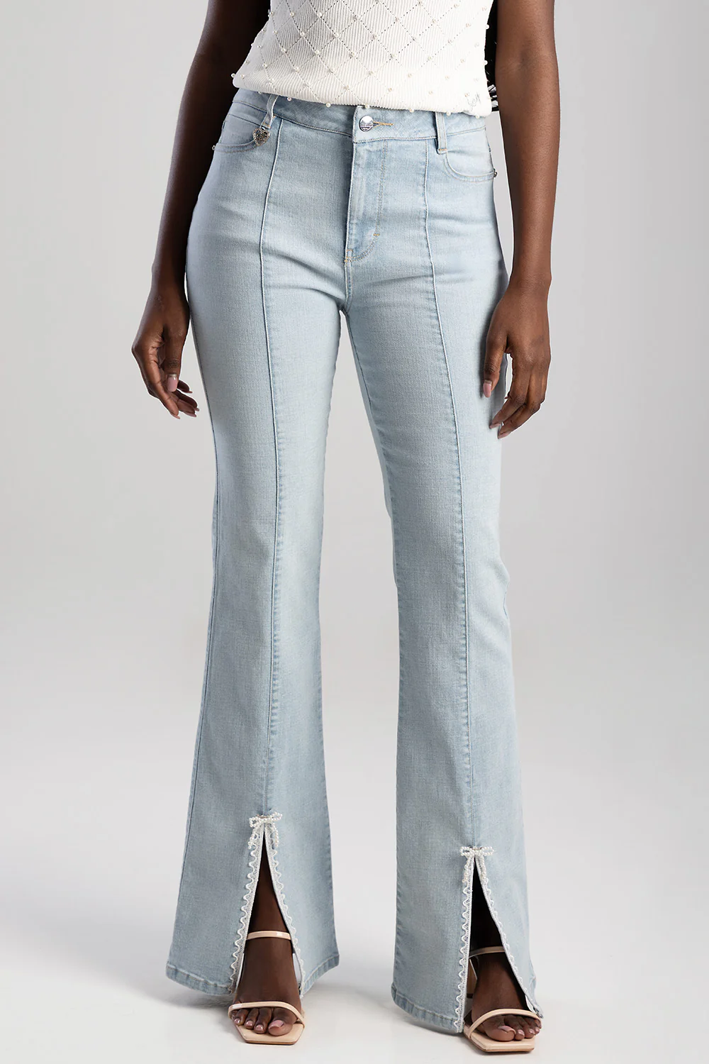 Mid Waist Bootleg Denim With Trim - Light Wash - Image 2