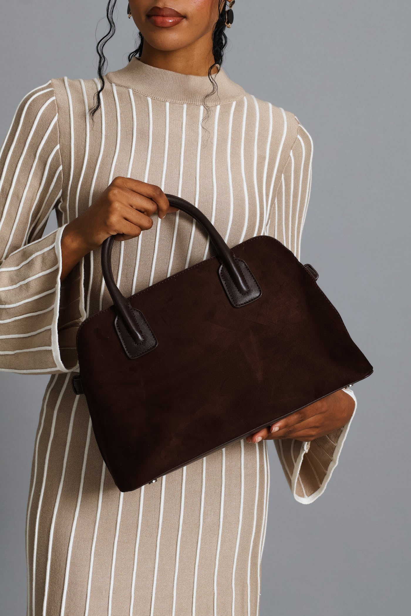 Mock Suede Barrel Bag - Chocolate - Image 3
