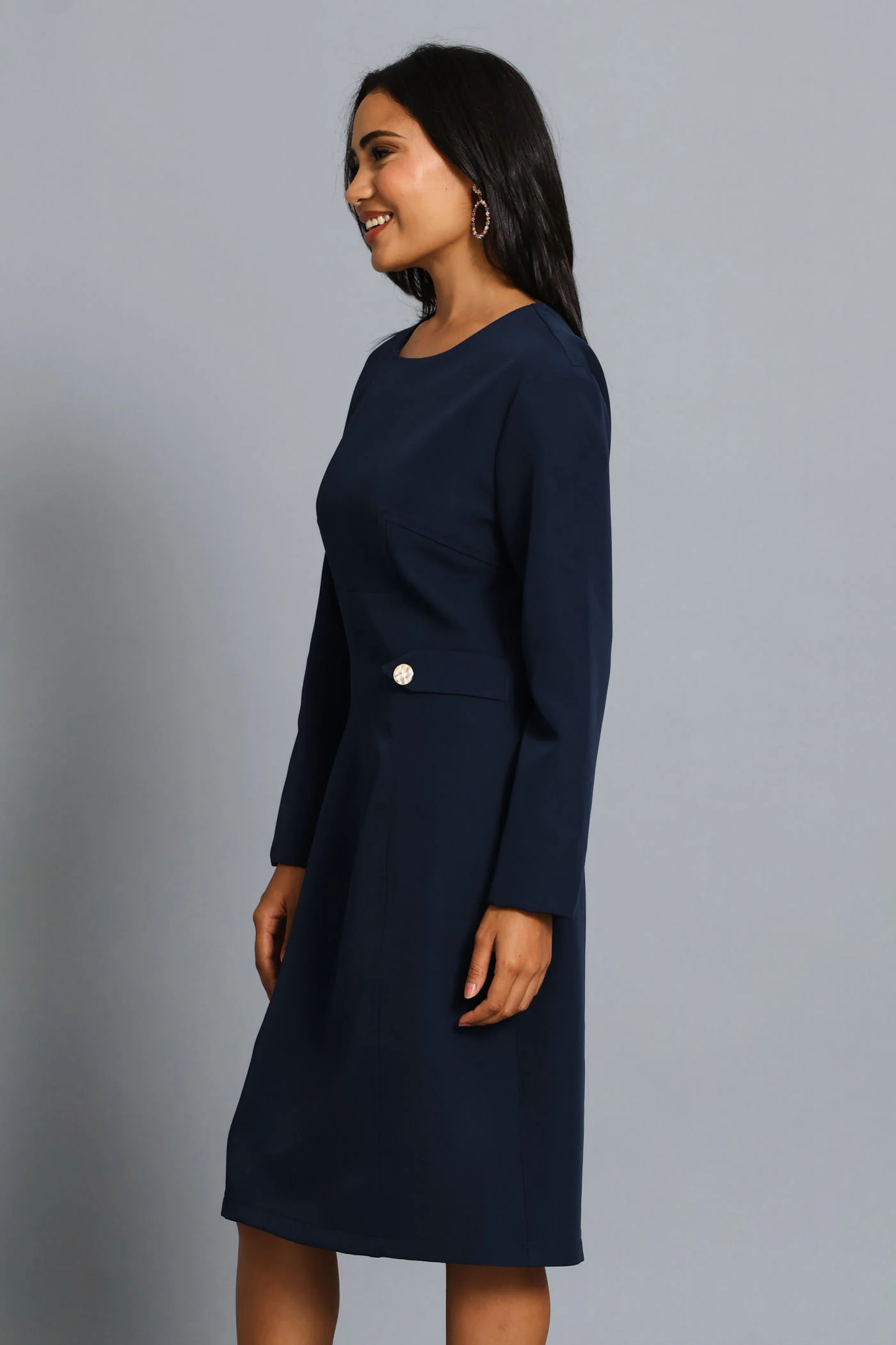 Panel Side Tab Work Pencil Dress - Dark Navy - Image 3