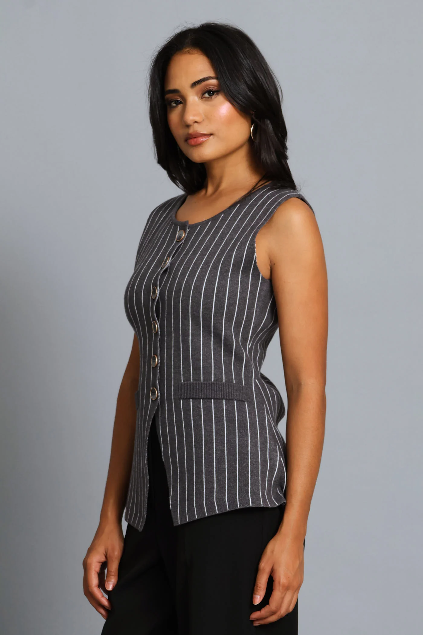 Pinstripe Knitwear Waistcoat - Grey - Image 3