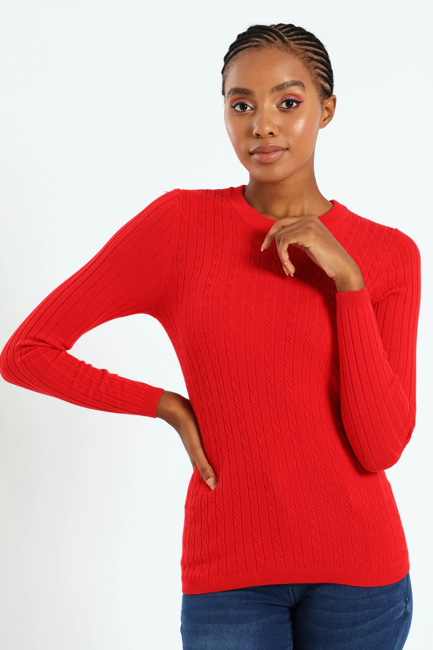 Plain Cable Pullover - Red