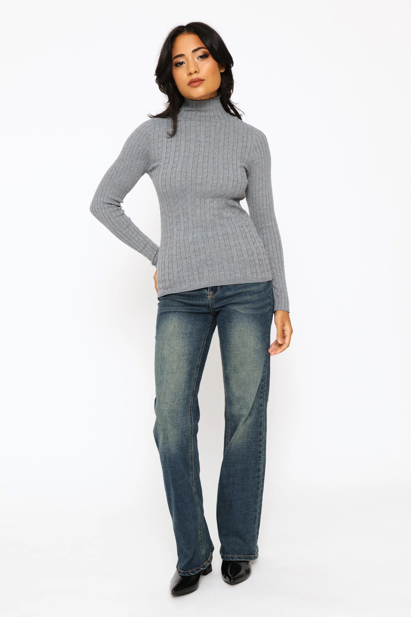 Plain Cable Turtleneck - Grey Melange - Image 5