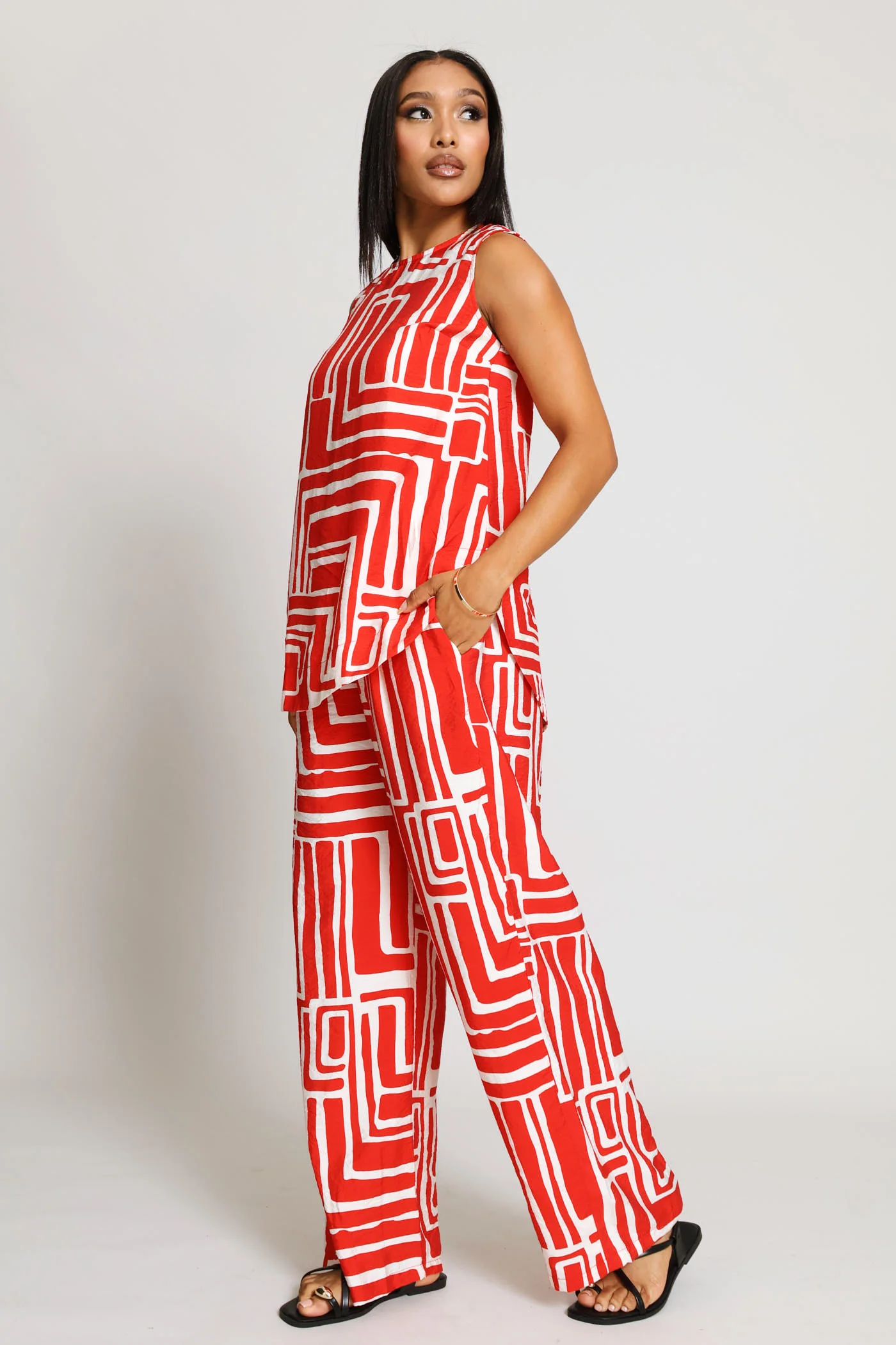 Pleated Pull On Wideleg Pant - Red/Multi - Image 6