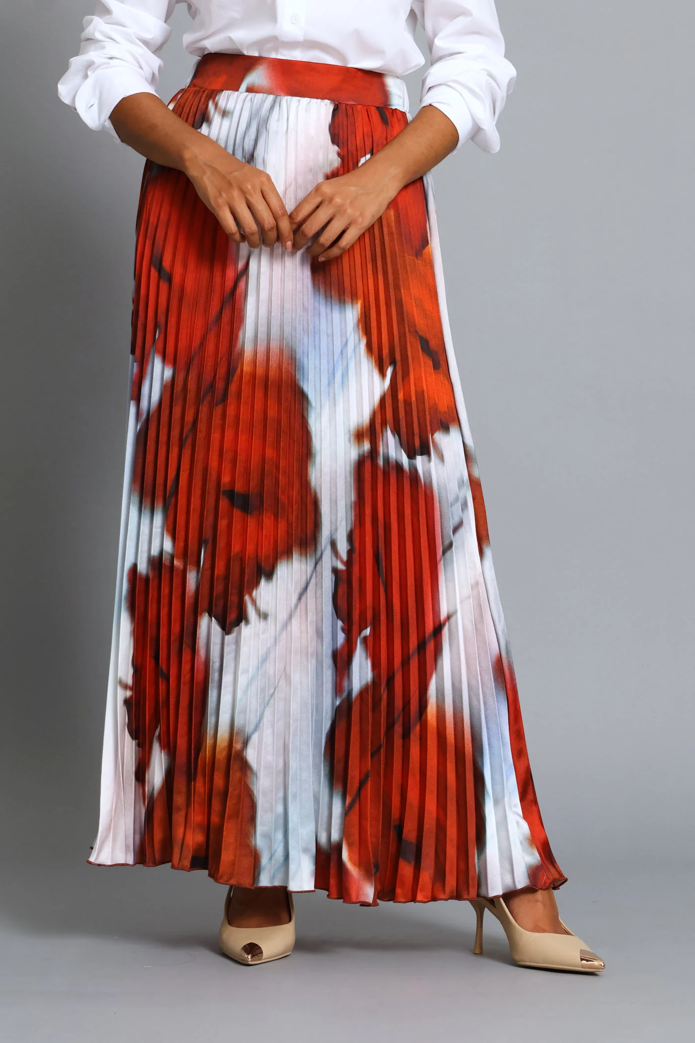 Pleated Tie Dye Satin Maxi Skirt - Wine - Image 2