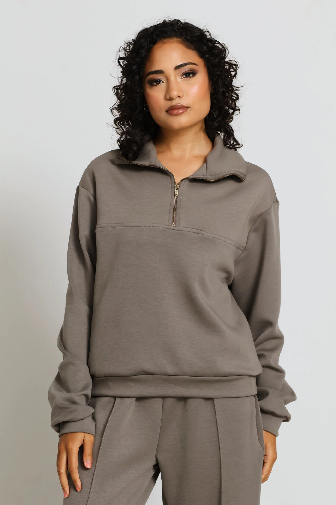 Plush Quarter Zip Pullover - Taupe - Image 3