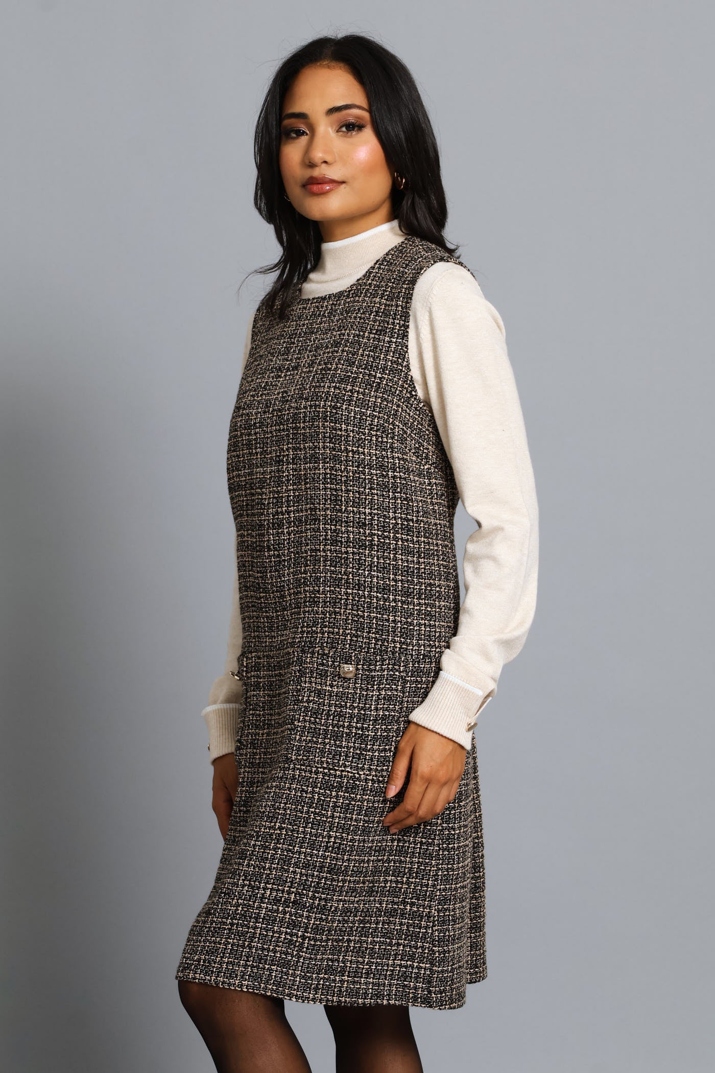Pocket Flap Shift Tweed Dress - Black - Image 4