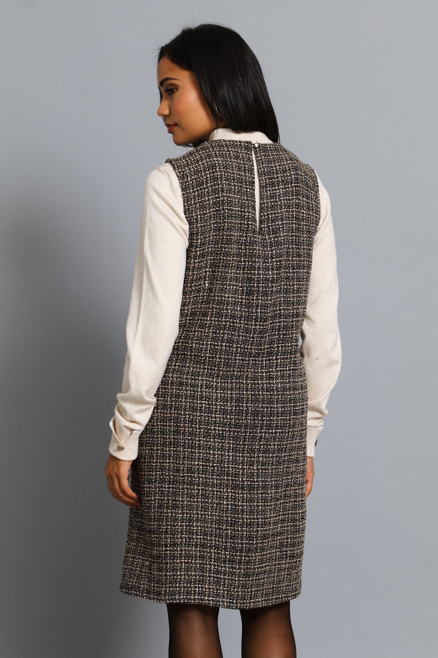 Pocket Flap Shift Tweed Dress - Black - Image 6
