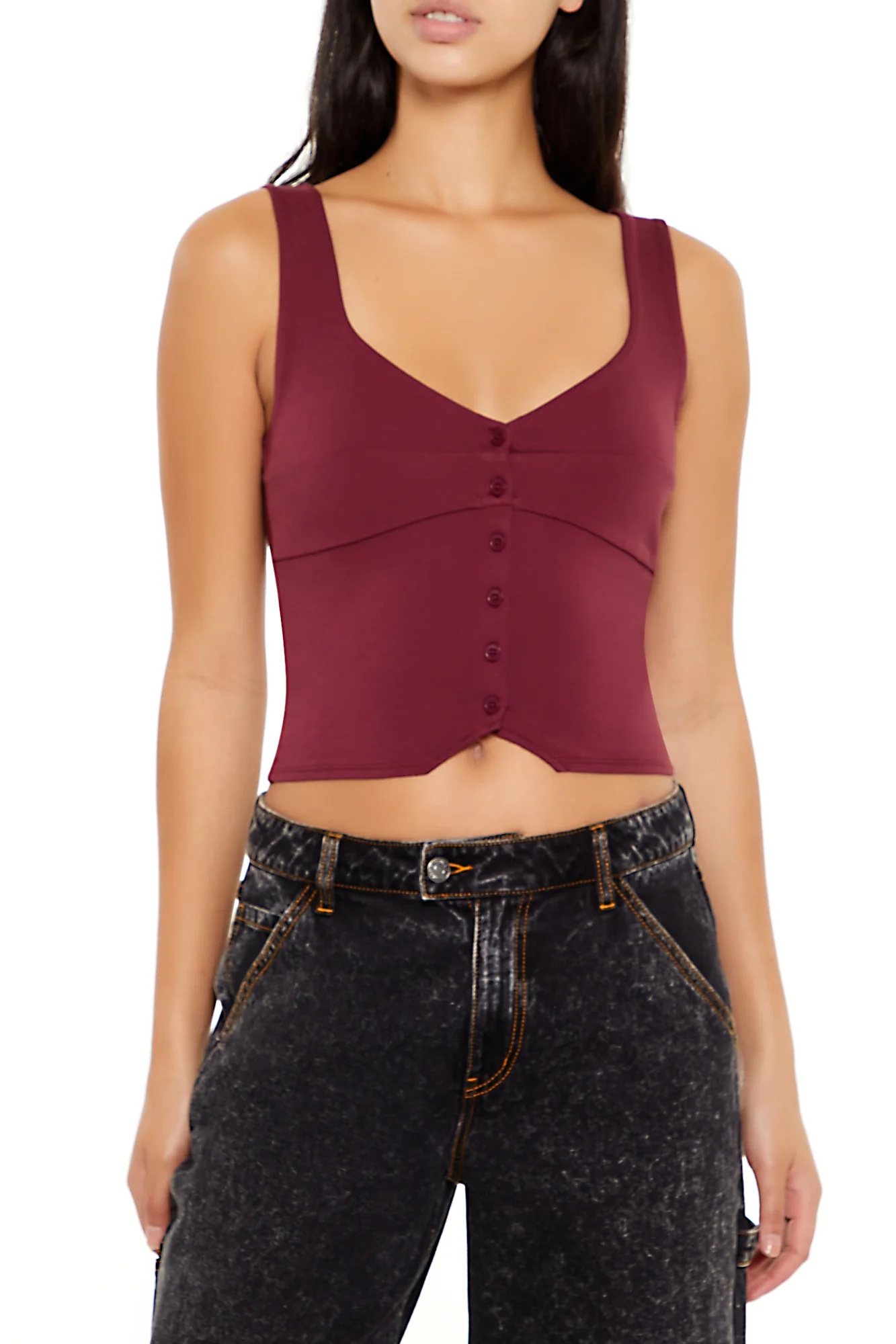 Ponte Knit Button-Front Crop Top - Burgundy - Image 2