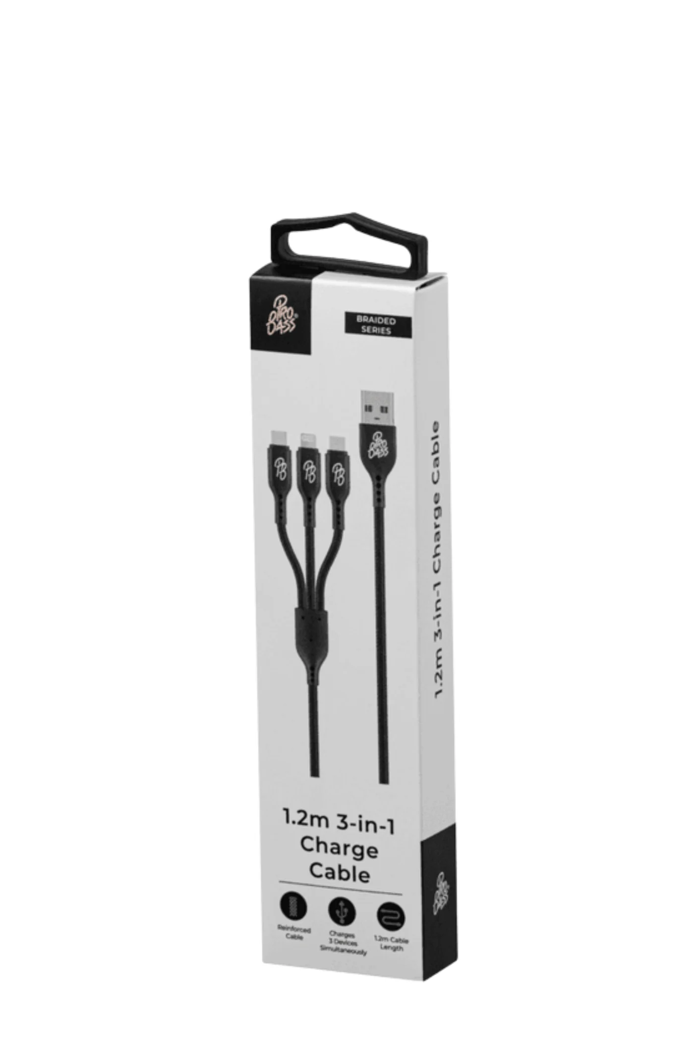 Pro Bass Braided 3-in-1 Charge Cable 1m - Black - Image 2