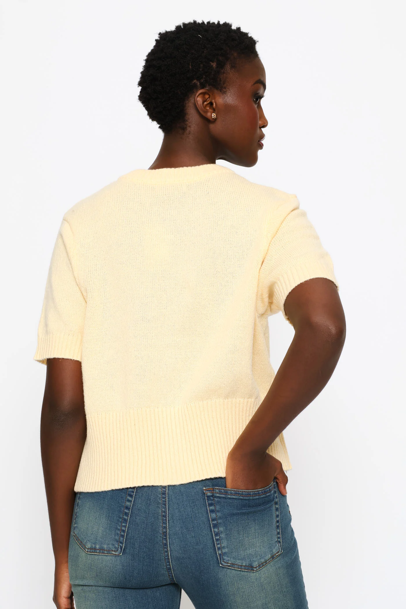 Puff Sleeve Button Through Knitwear Top - Custard - Image 5