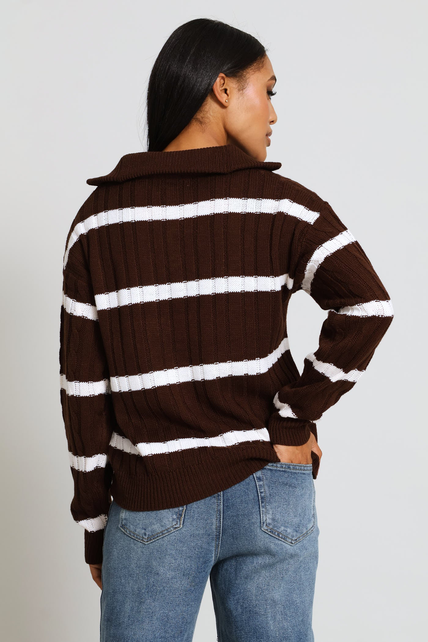 Quarter Zip Funnel Neck Cable Knitwear - Dark Chocolate - Image 4