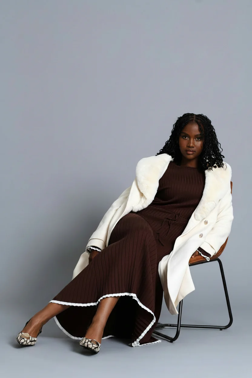 Ribbed Belted Flared Knitwear Maxi Dress - Chocolate - Image 6