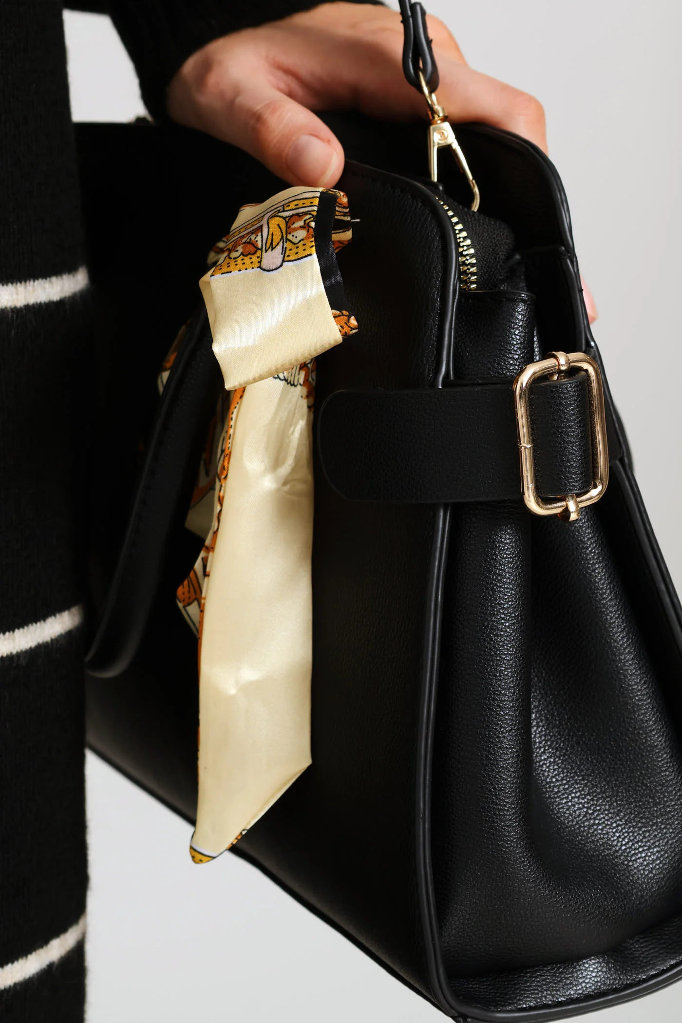 Ribbon Trim Gold Hardware Barrel Bag - Black - Image 6