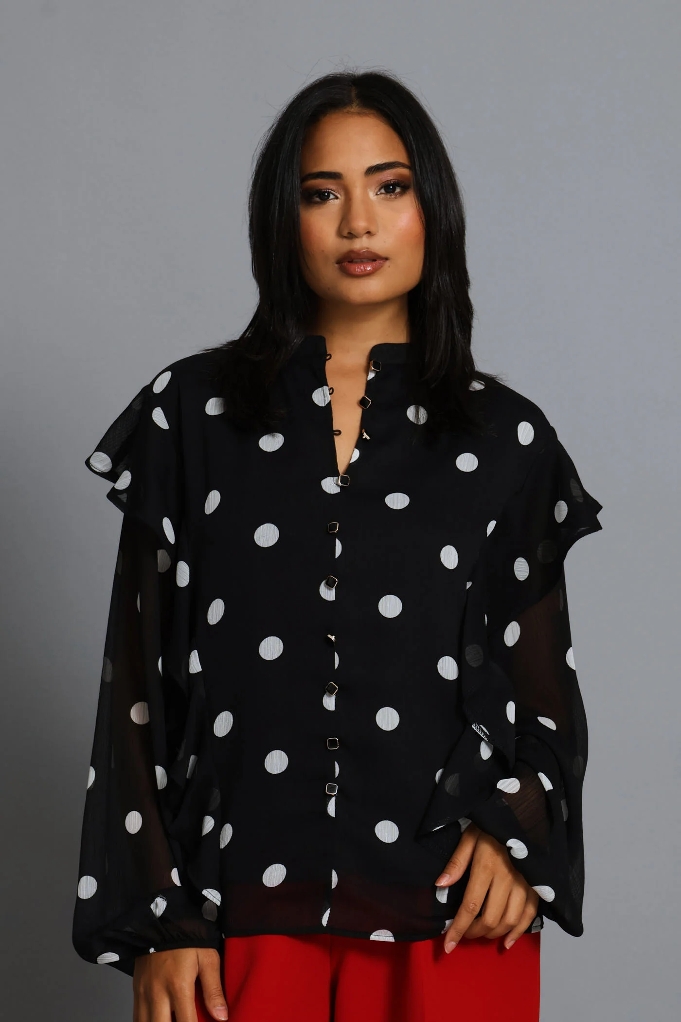 Ruffle Button Through Spot Blouse - Black/Cream - Image 3