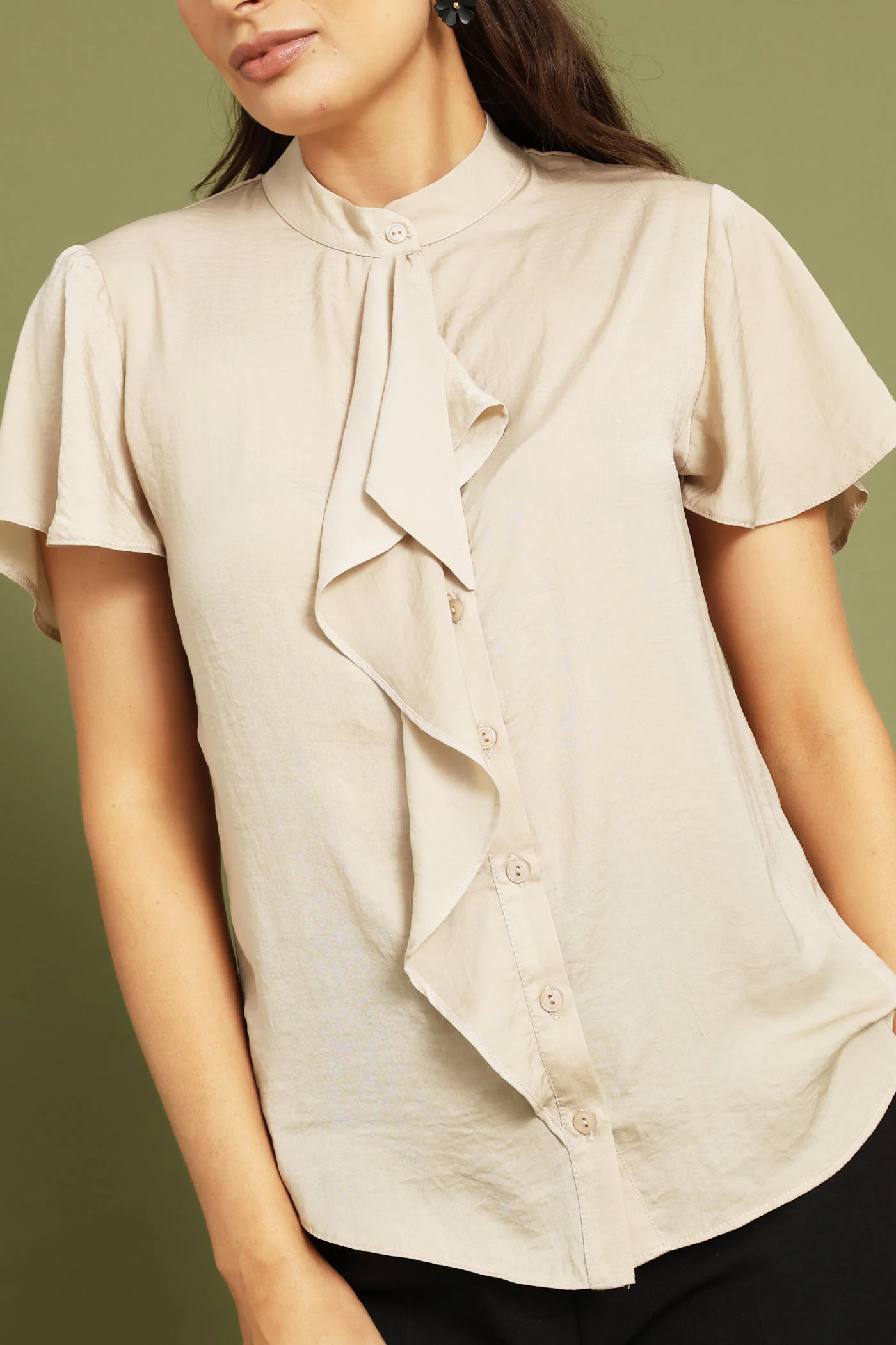 Ruffle Satin Shirt - Champagne - Image 2