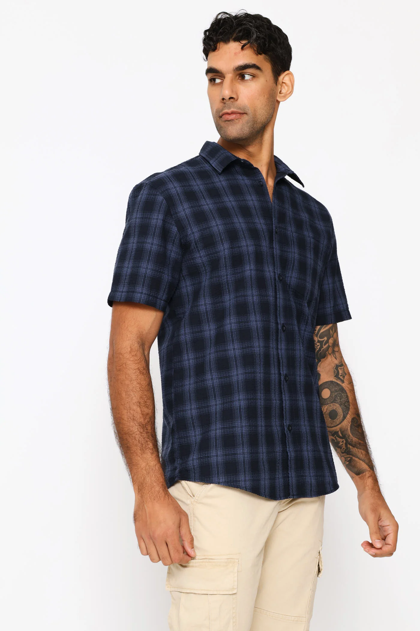Seersucker Regular Check Shirt - Navy - Image 3
