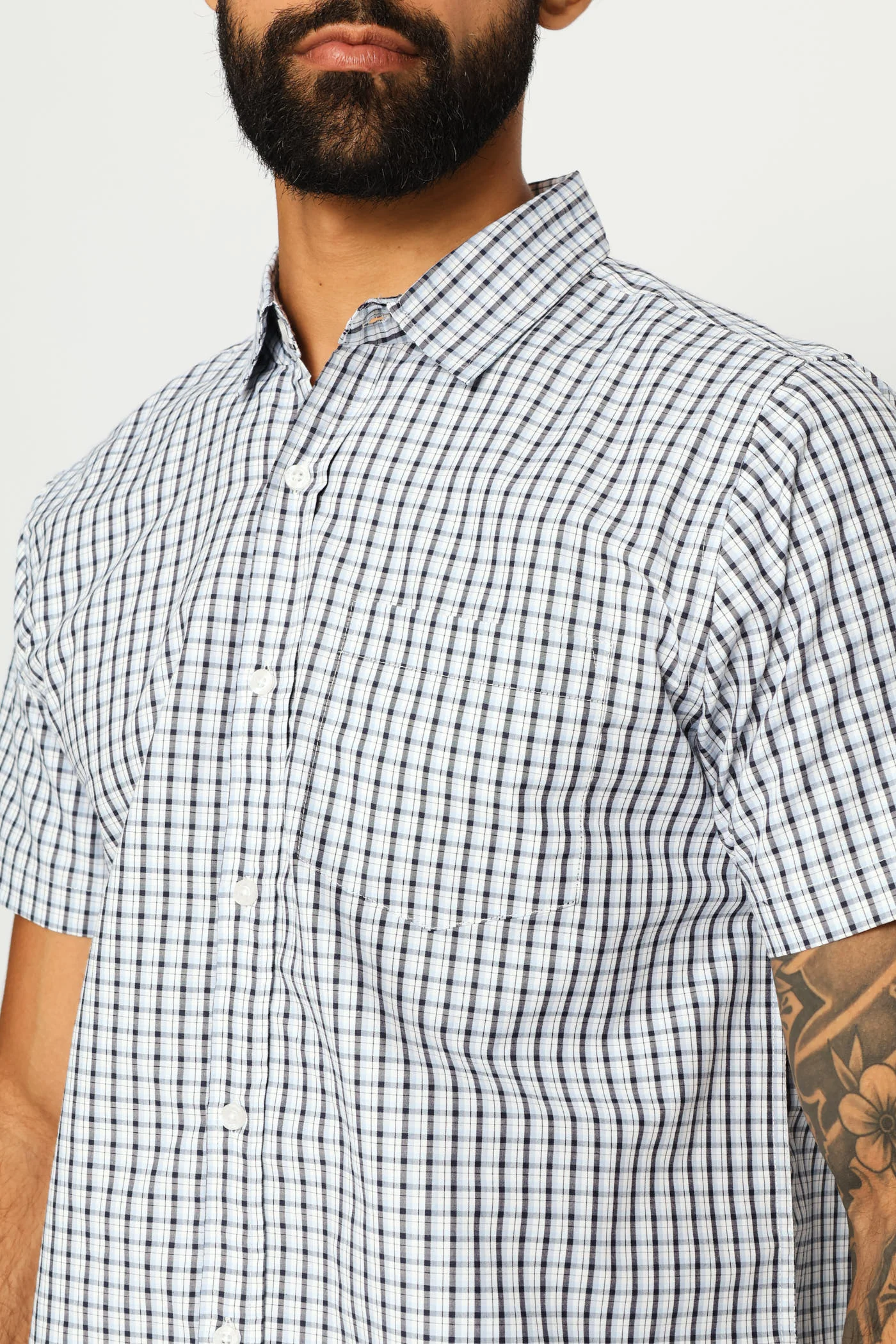 Short Sleeve Regular Check Shirt - White/Navy - Image 2