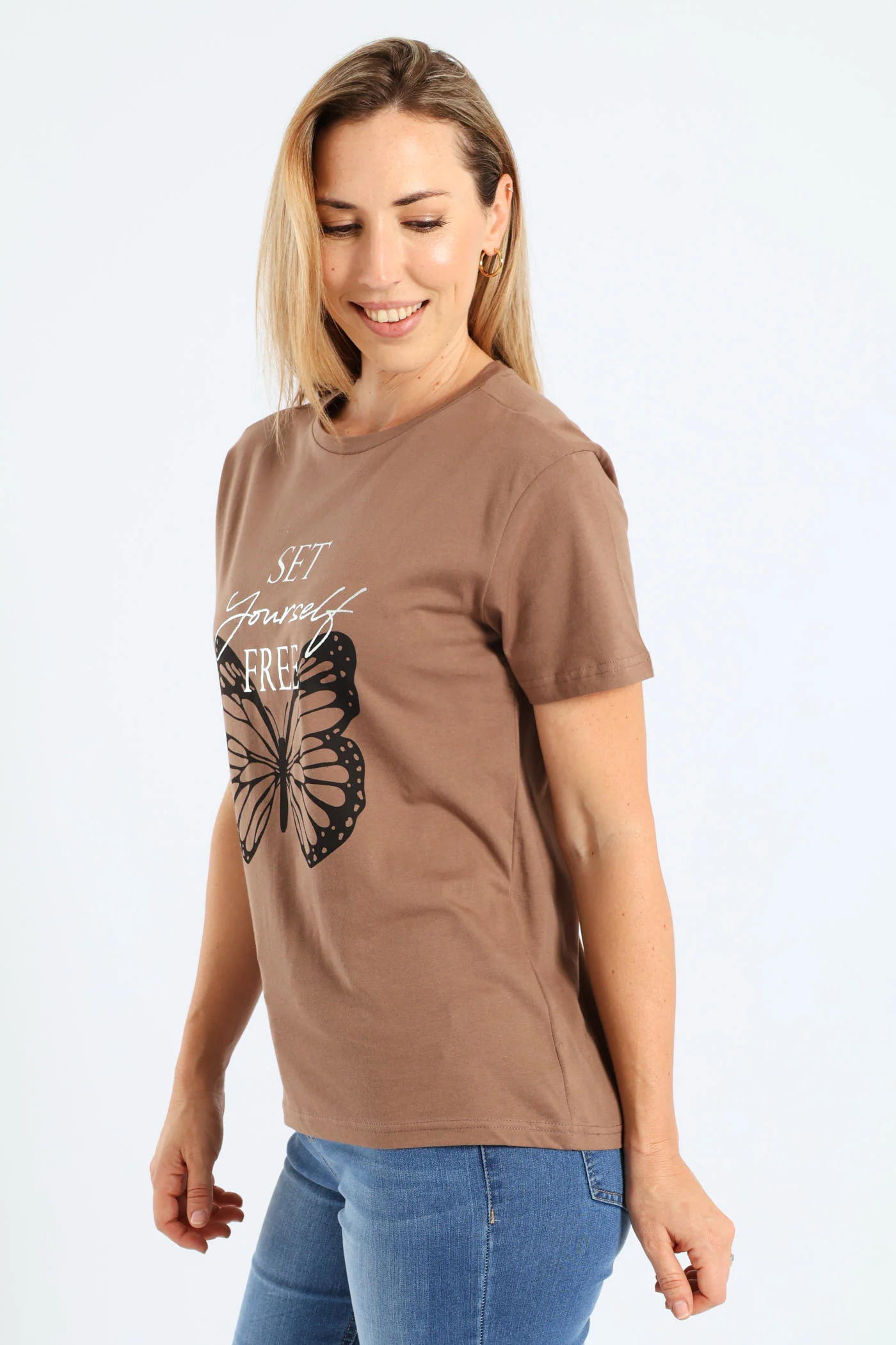 Short Sleeve Set Yourself Free Butterfly Foil Regular Tee - Taupe - Image 3