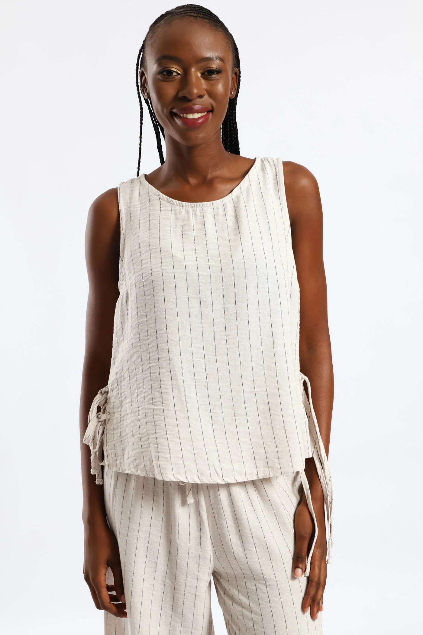 Side Tie Detail Pinstripe Shell Tank - Black/Beige