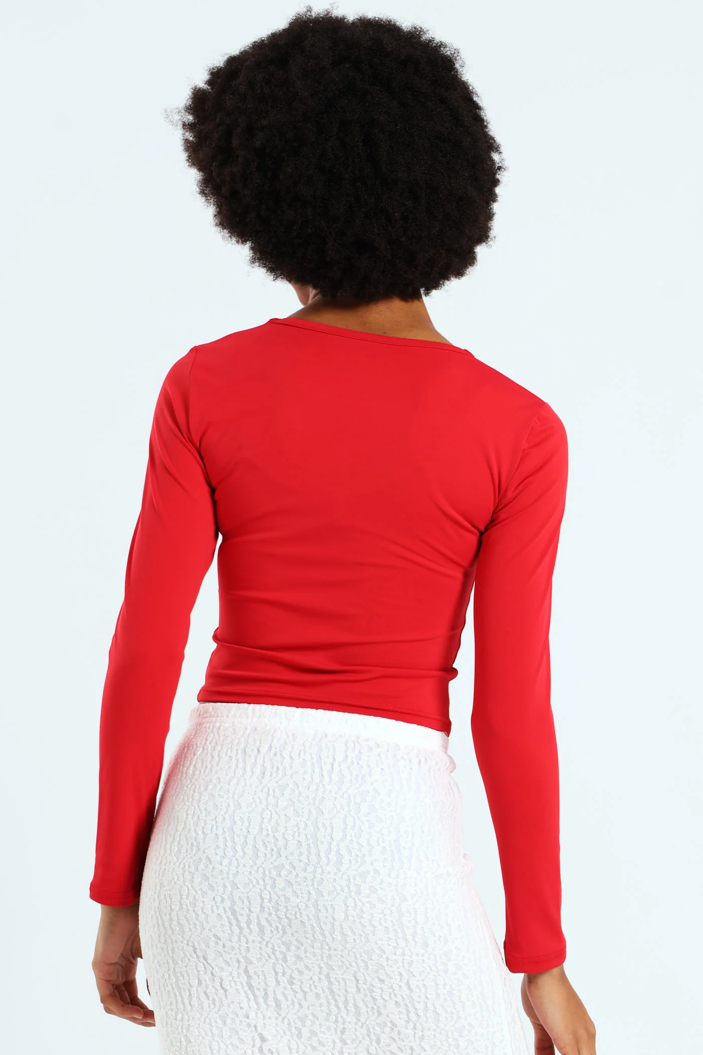Skin Tight Long Sleeve Basic Crew Top - Red - Image 3