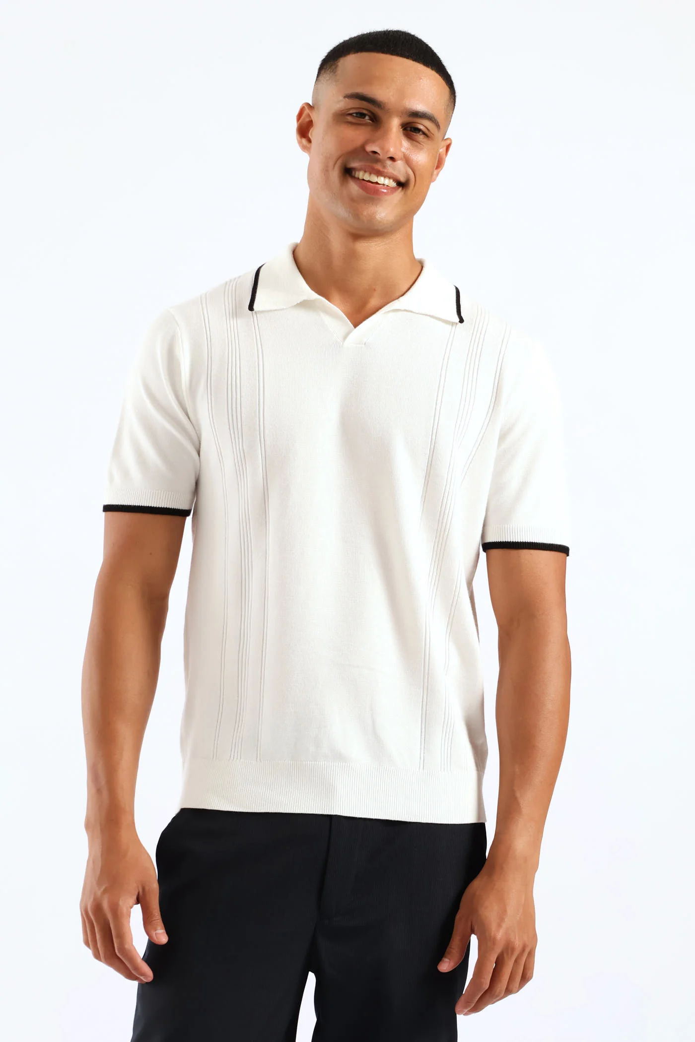 Slim Johnny Collar Knit Tee - White - Image 3