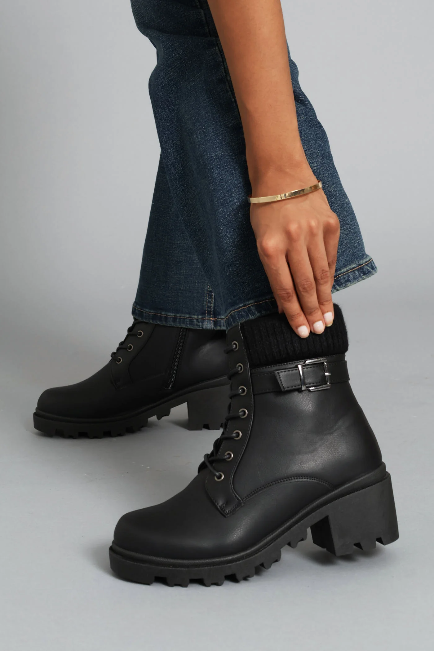 Sock Detail Trim Chunky Military Boot - Black - Image 2