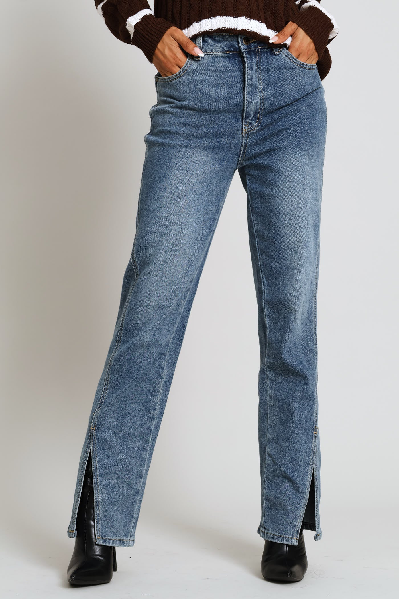 Split Hem Panel Detail Slim Leg Denim - Tea Stain - Image 2