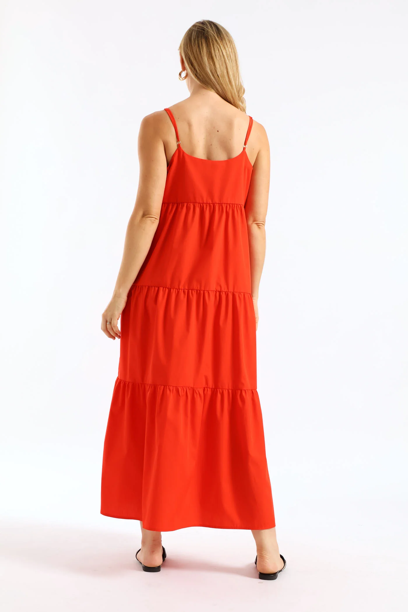 Strappy Tiered Poplin Maxi Dress with Pockets - Firey Red - Image 2