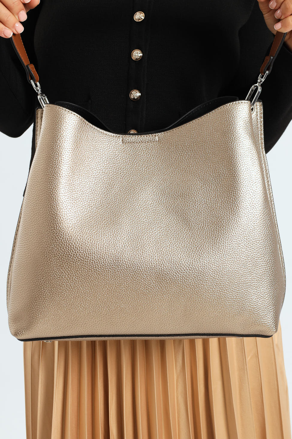 Tan Strap Hobo Bag - Champagne - Image 5