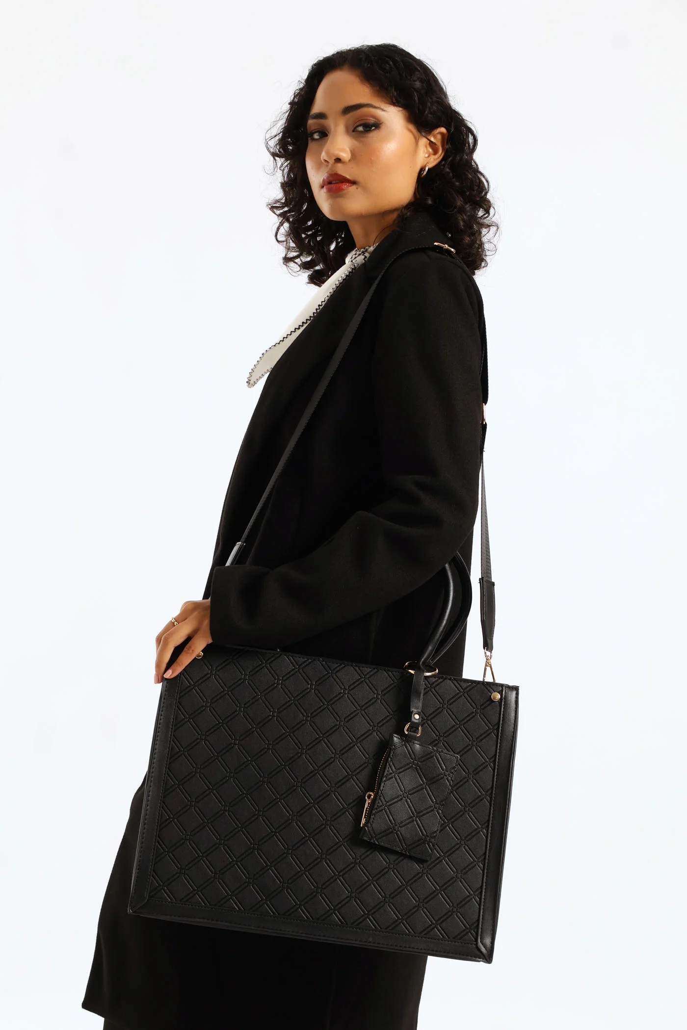 Top Handle Square Embossed Laptop Bag - Black - Image 4