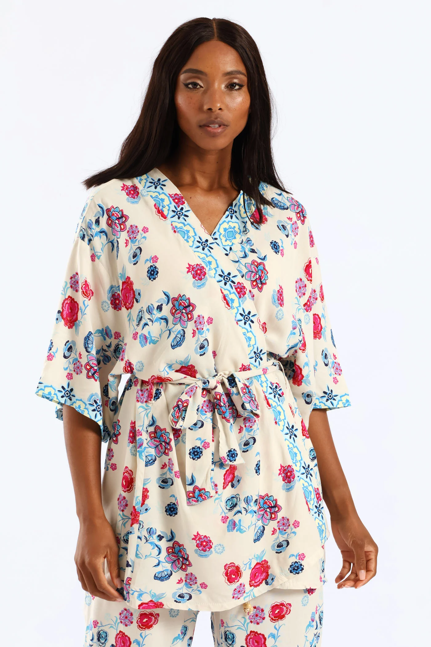 Tropical Floral Border Self Belt Kimono Top - Pink/Blue - Image 2