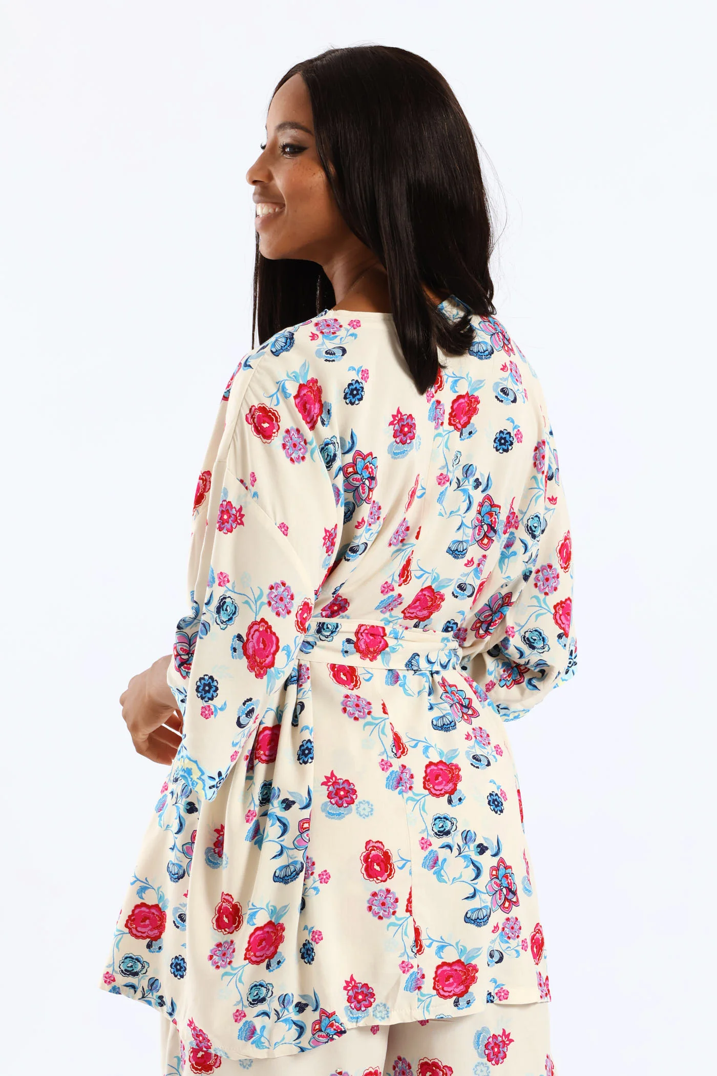 Tropical Floral Border Self Belt Kimono Top - Pink/Blue - Image 5
