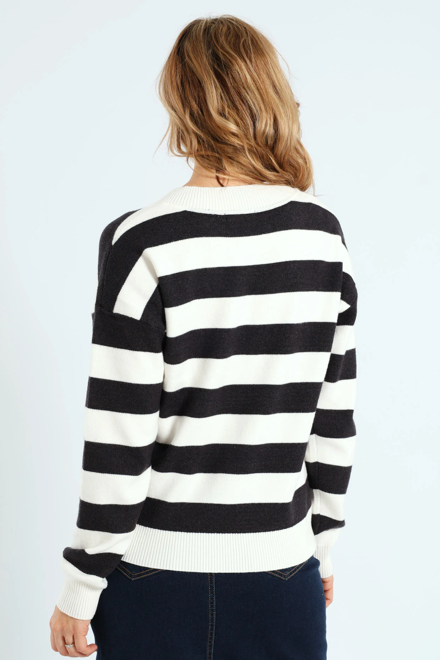 V-Neck Striped Pullover - Charcoal/Cream - Image 2