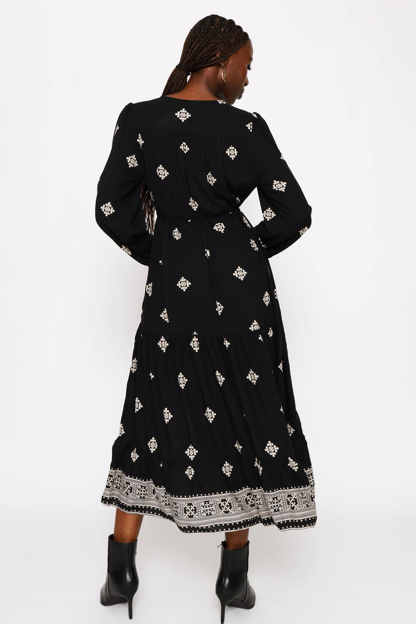 V-Neck Waisted Border Frill Hem Midi Dress - Stone/Black - Image 5