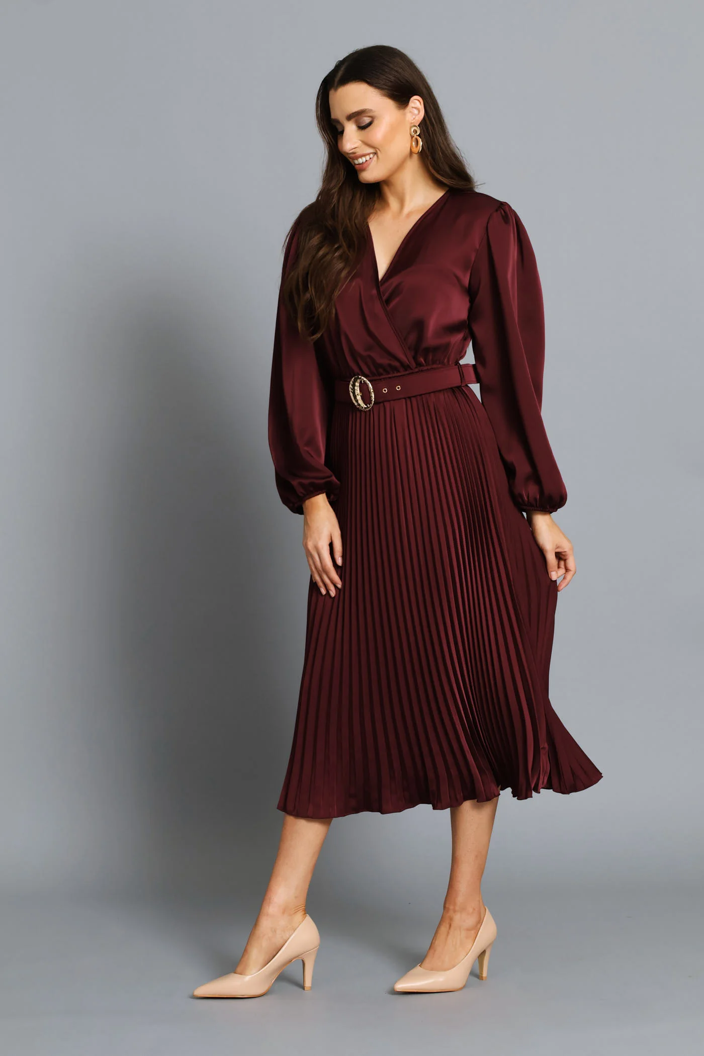 Wrap Belted Pleated Midi Dress - Wine - Image 4